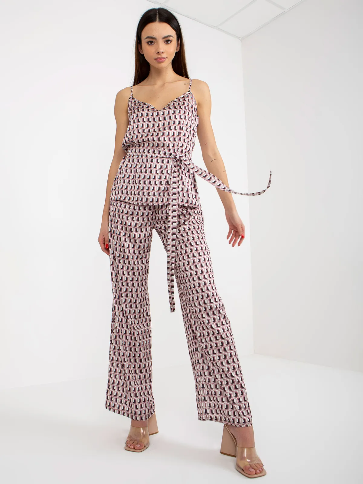 Beżowo-różowy trzyczęściowy komplet elegancki z topem - zdjęcie 5