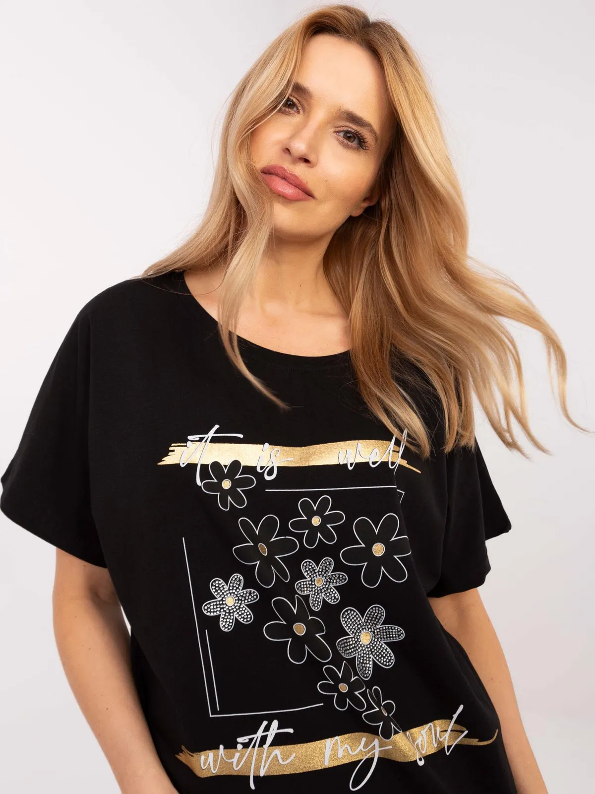 T-shirt oversize z kwiatowym nadrukiem i napisem - zdjęcie 1