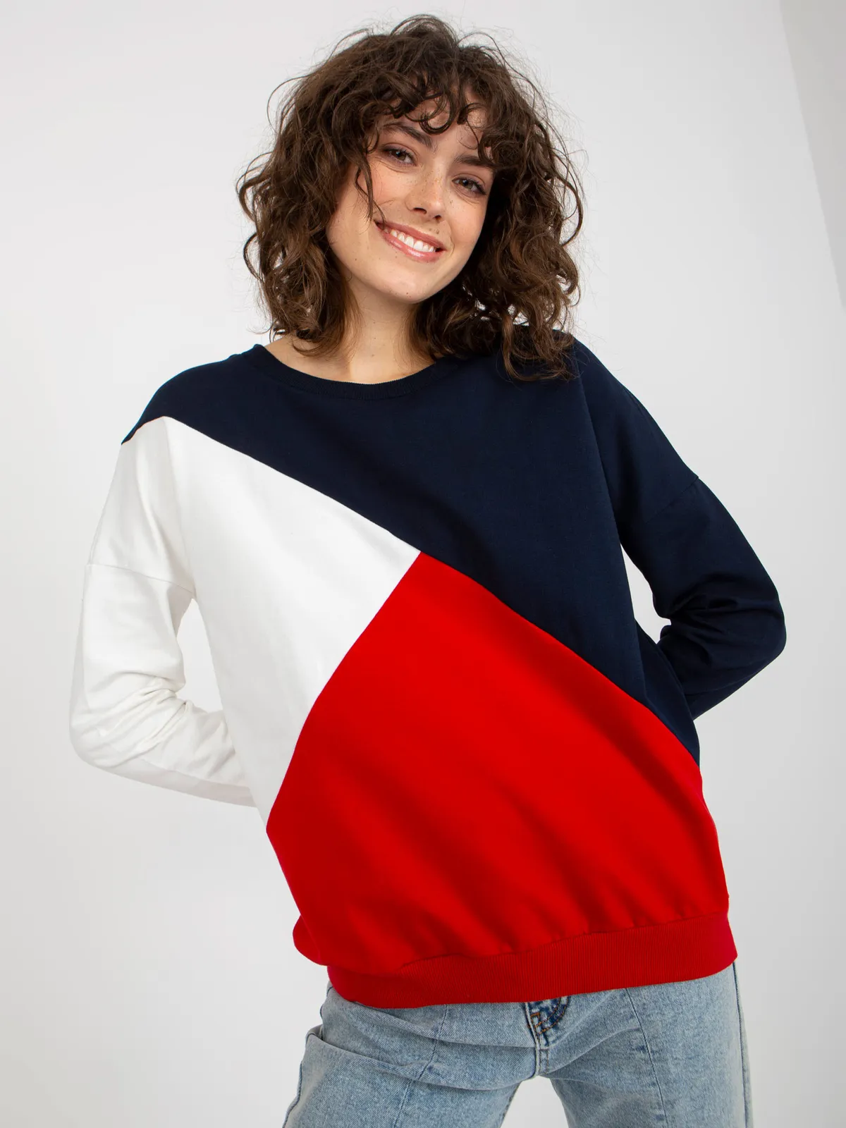 Biało-brązowa bawełniana bluza basic bez kaptura - zdjęcie 1