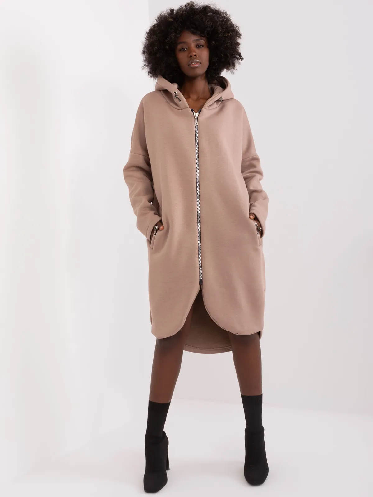 Długa bluza oversize z kapturem i suwakiem - zdjęcie 1