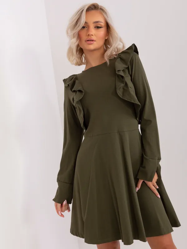 Khaki rozkloszowana sukienka z bawełny - widok 2
