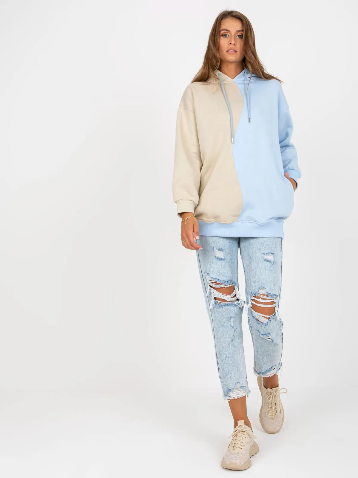 Beżowo-niebieska damska bluza basic z kapturem RUE PARIS - zdjęcie 1