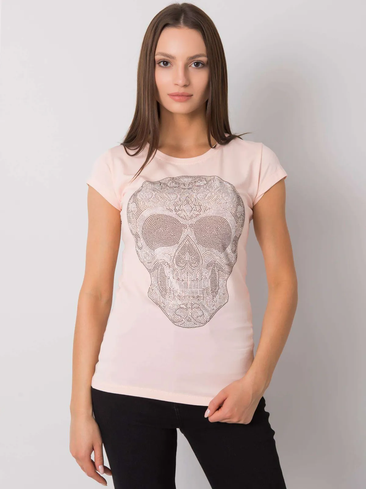 Jasnoróżowy t-shirt damski z czaszką - zdjęcie 4