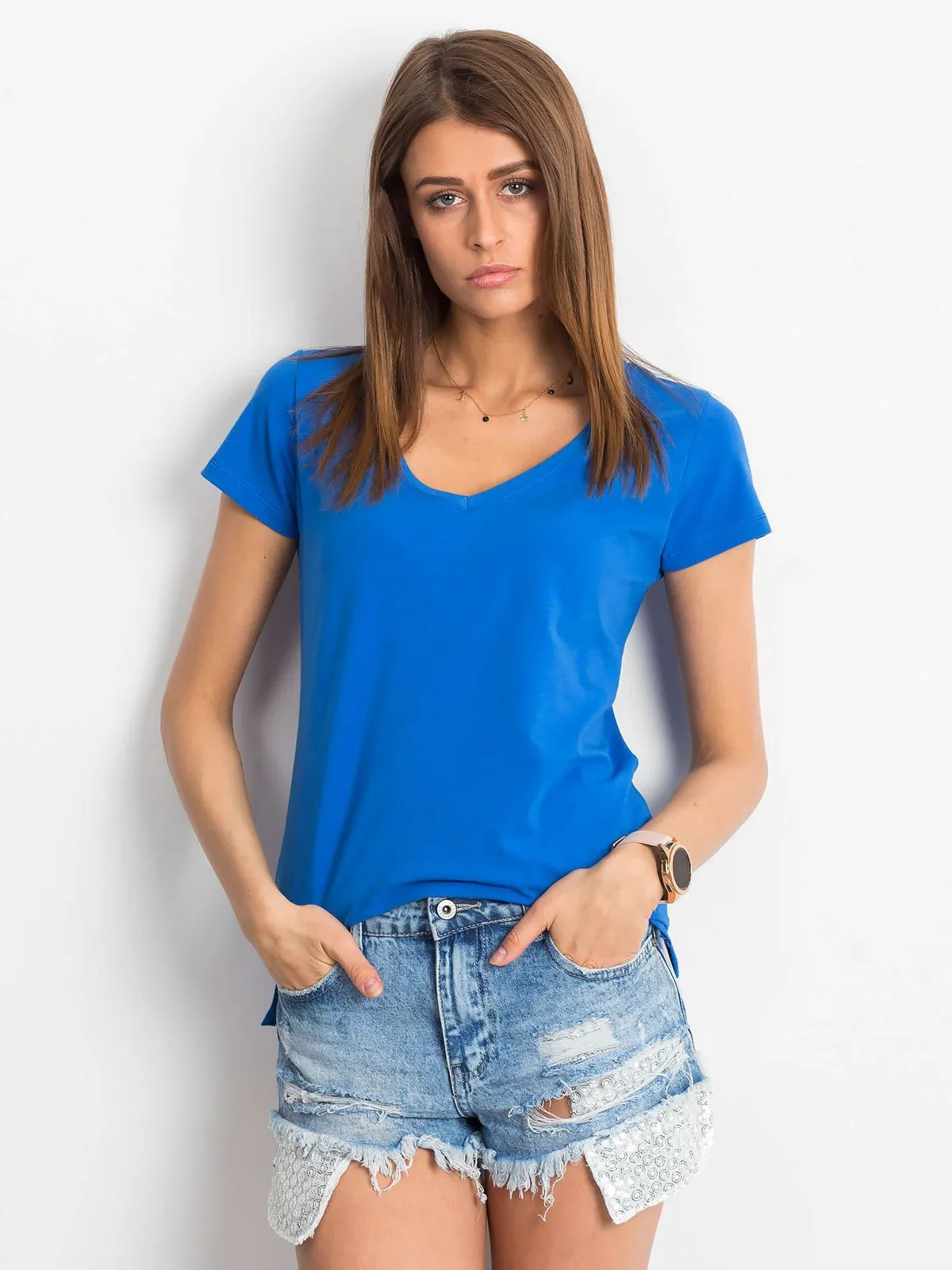 T-shirt w serek ciemnoniebieski - zdjęcie 5