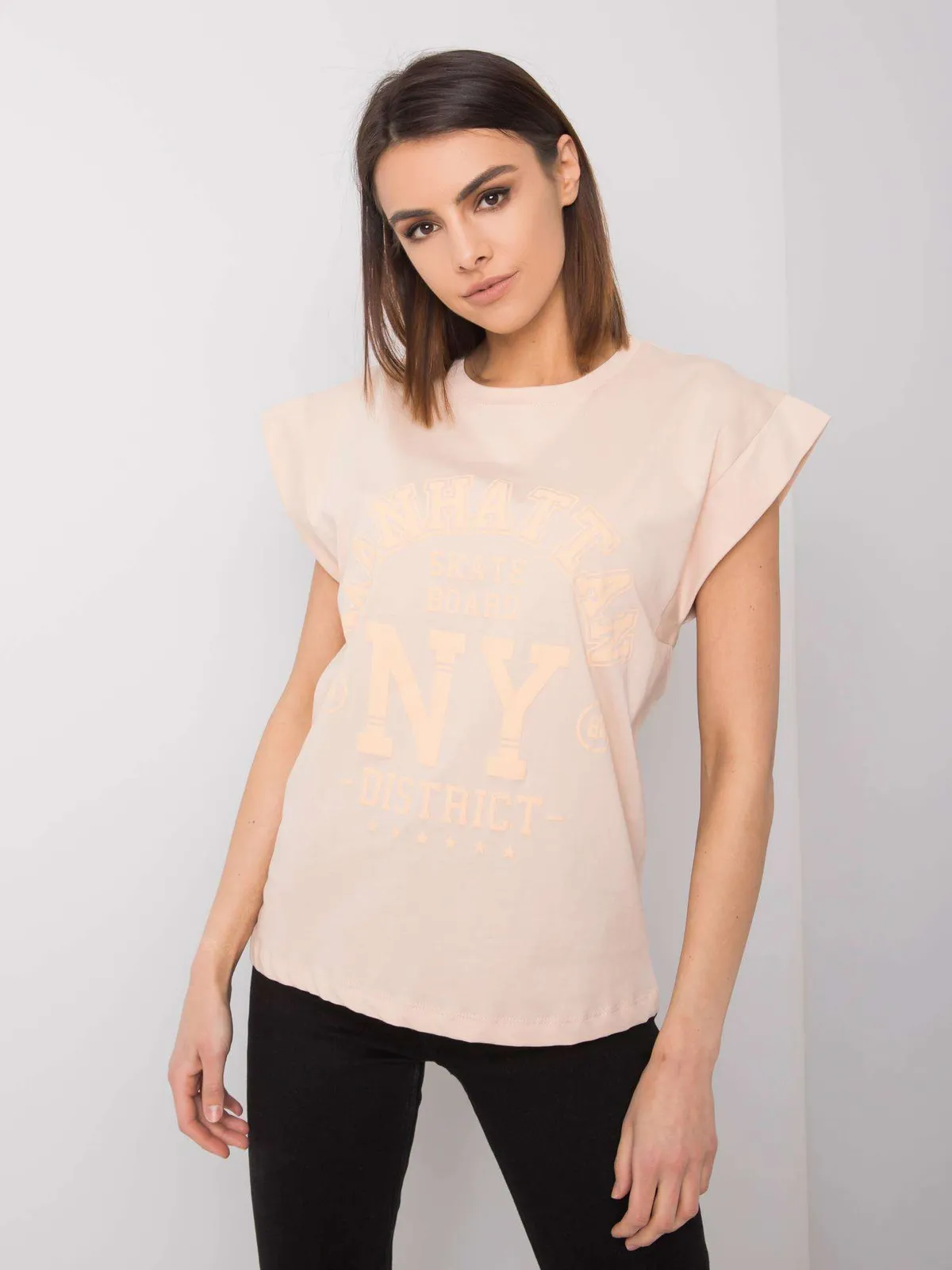 RUE PARIS Brzoskwiniowy t-shirt z printem - zdjęcie 3
