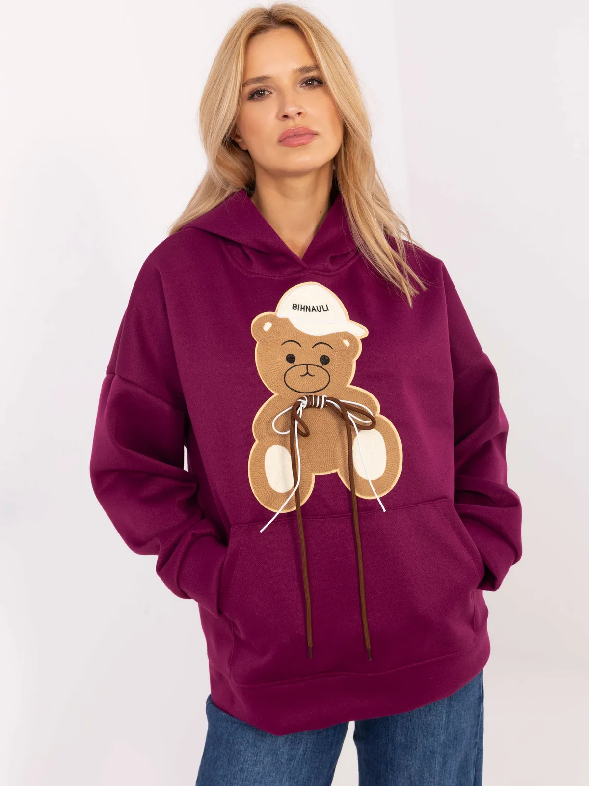 Bluza oversize z aplikacją misia i kapturem - zdjęcie 1