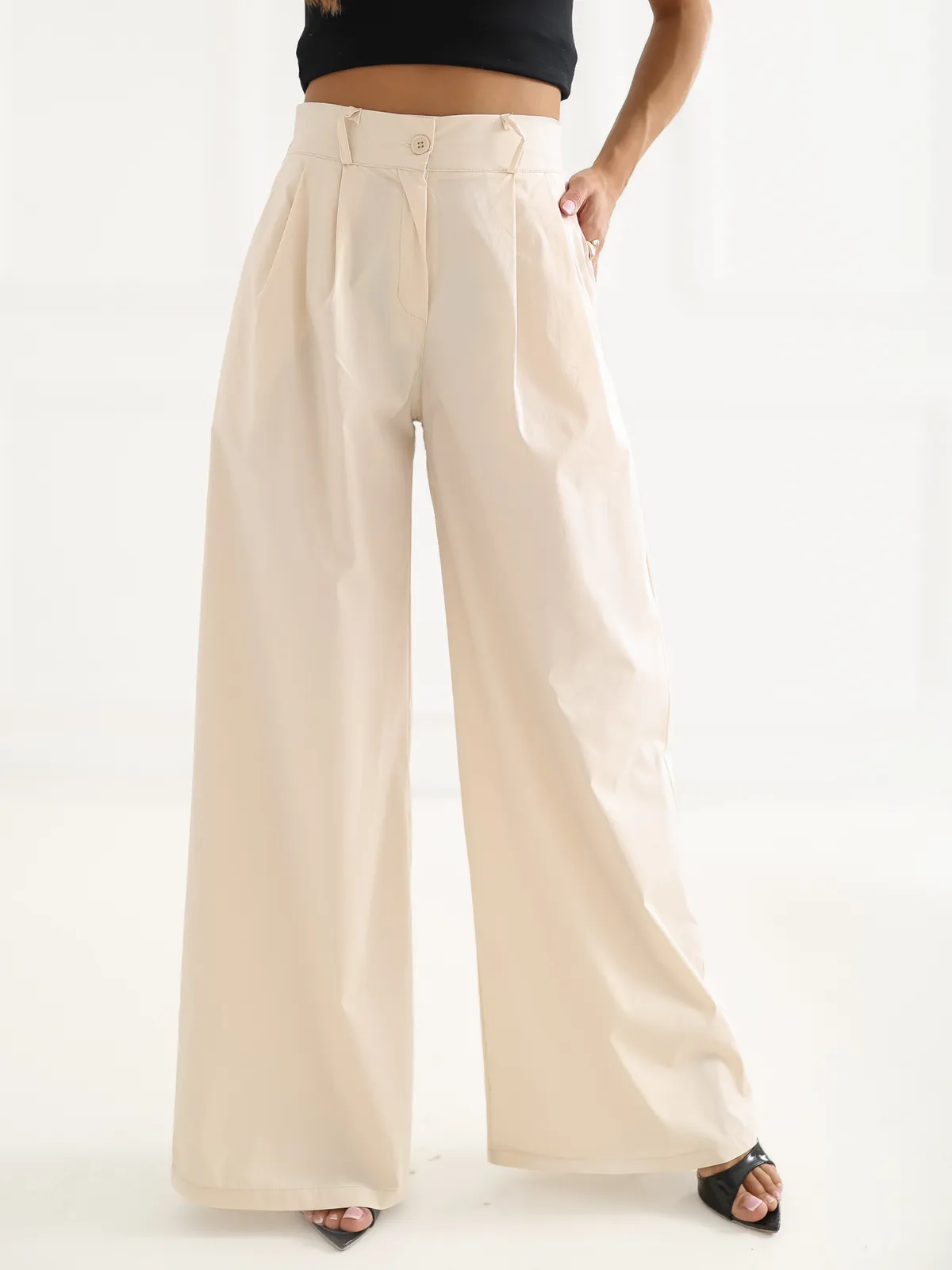 Wizytowe spodnie z wysokim stanem i szeroką nogawką - zdjęcie 1