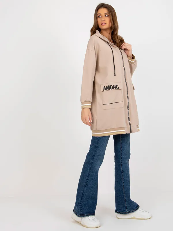 Beżowa długa bluza rozpinana o kroju oversize - widok 2