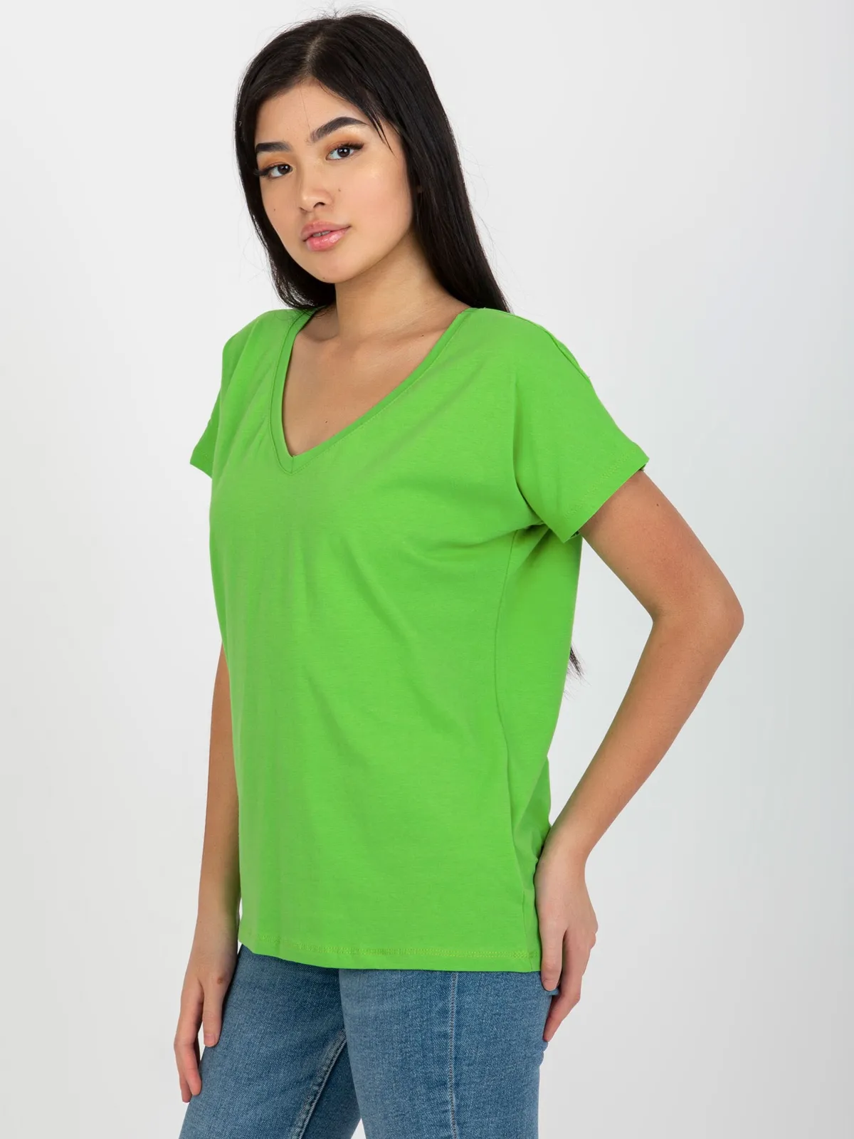 Jasnozielony klasyczny t-shirt basic z dekoltem V Emory - zdjęcie 3