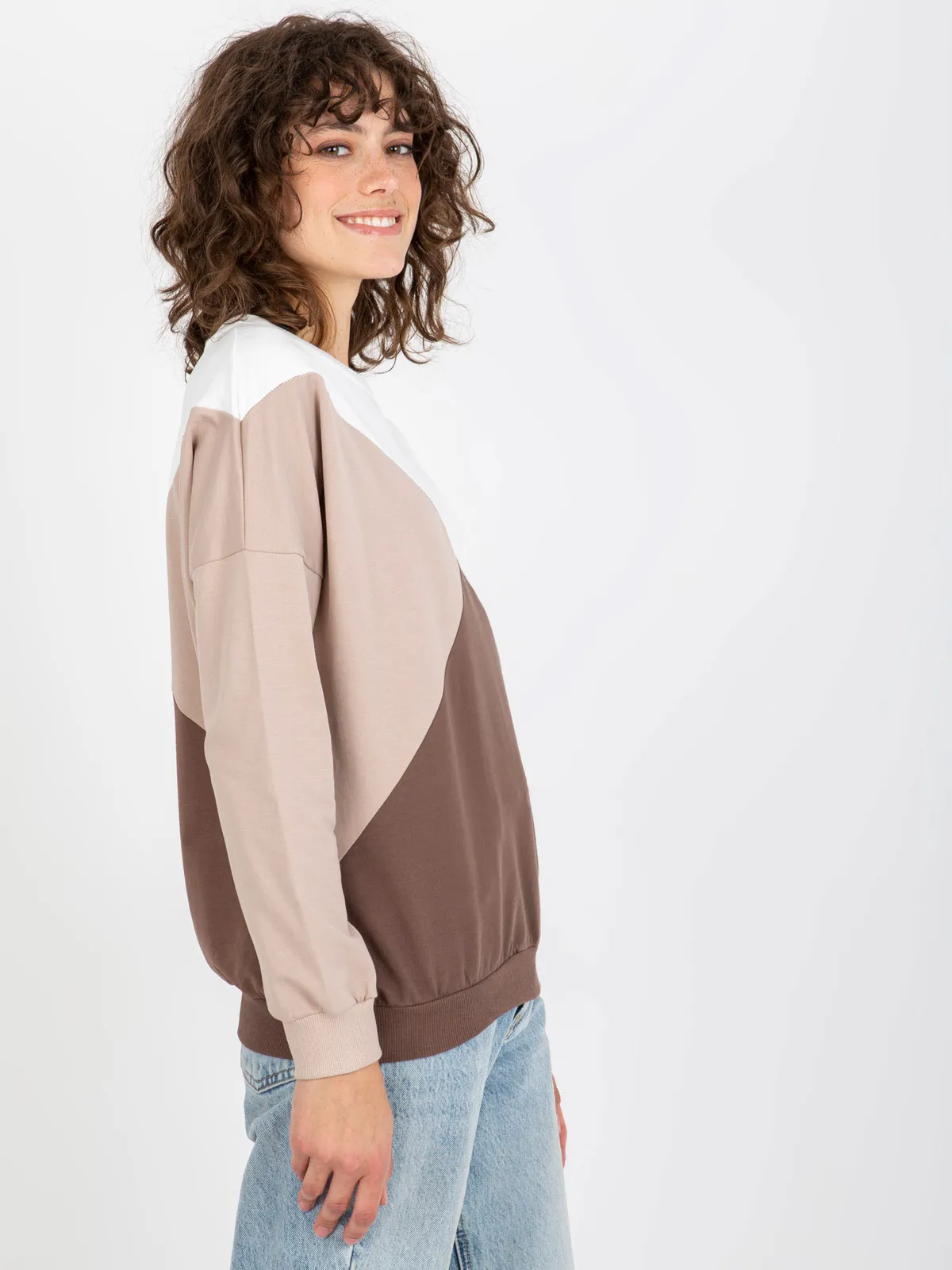 Biało-brązowa bawełniana bluza basic bez kaptura - zdjęcie 4