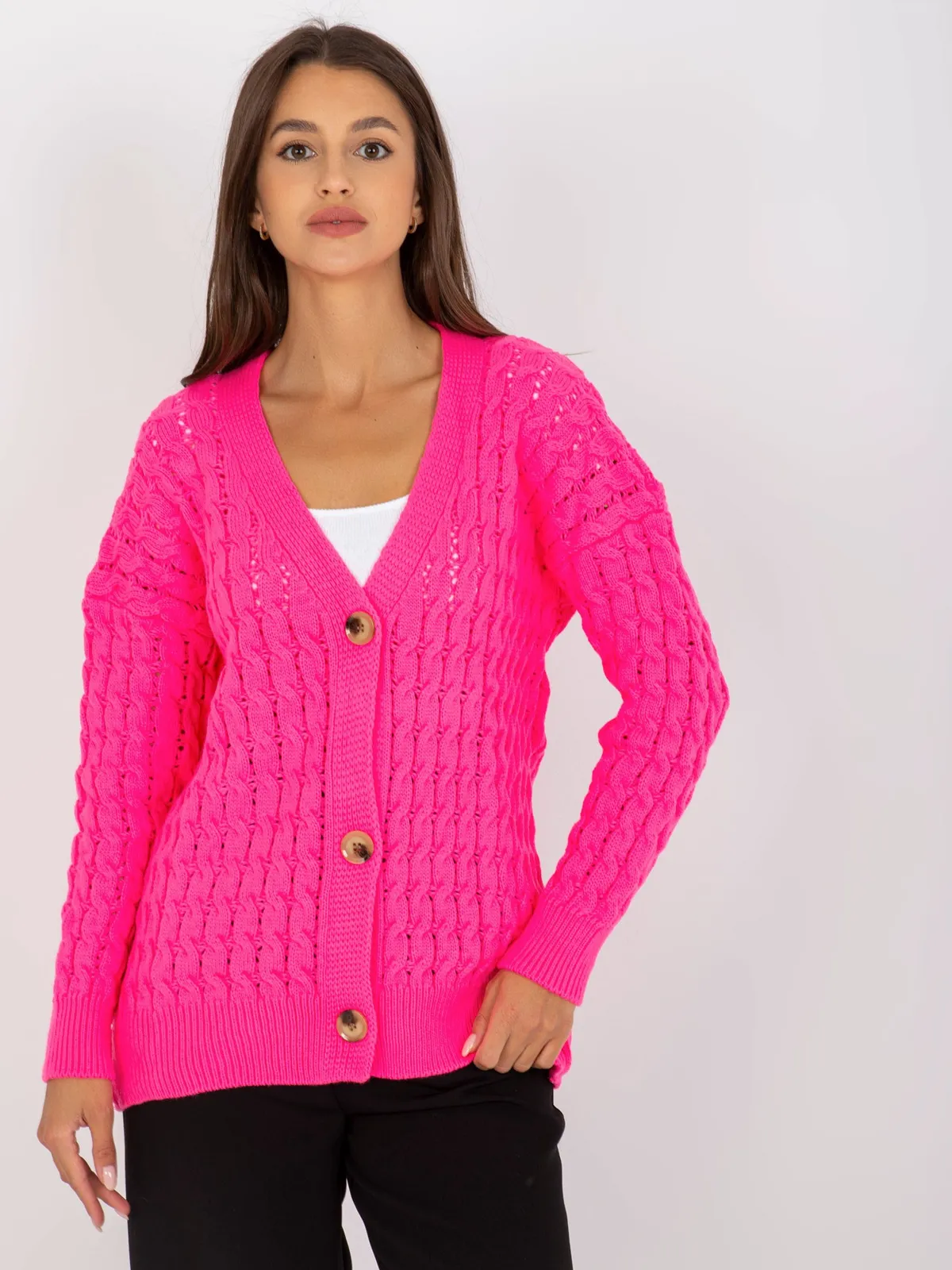 Fluo różowy ażurowy sweter rozpinany z guzikami RUE PARIS - zdjęcie 5