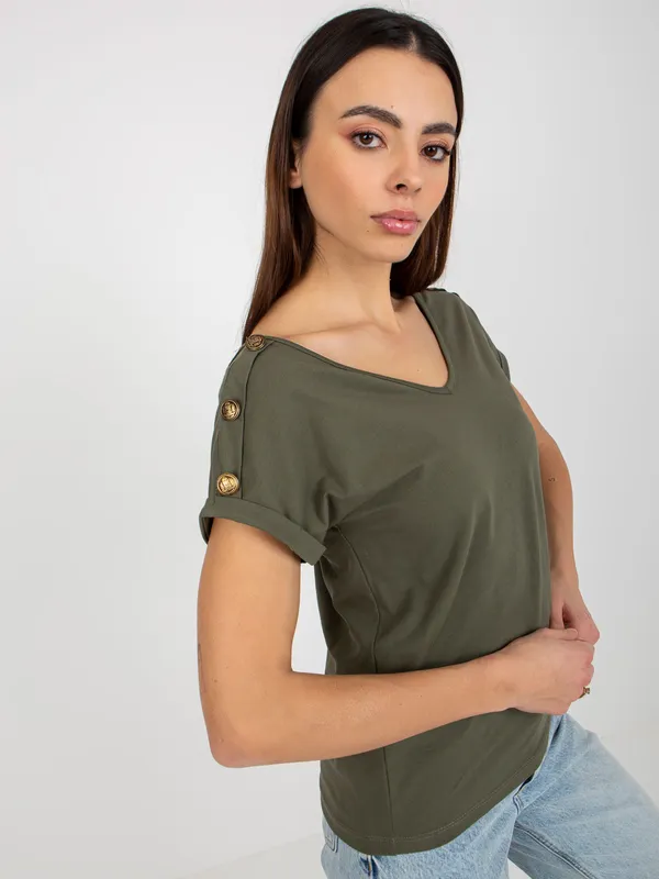 Ciemna khaki codzienna bluzka z krótkim rękawem OCH BELLA - widok 2