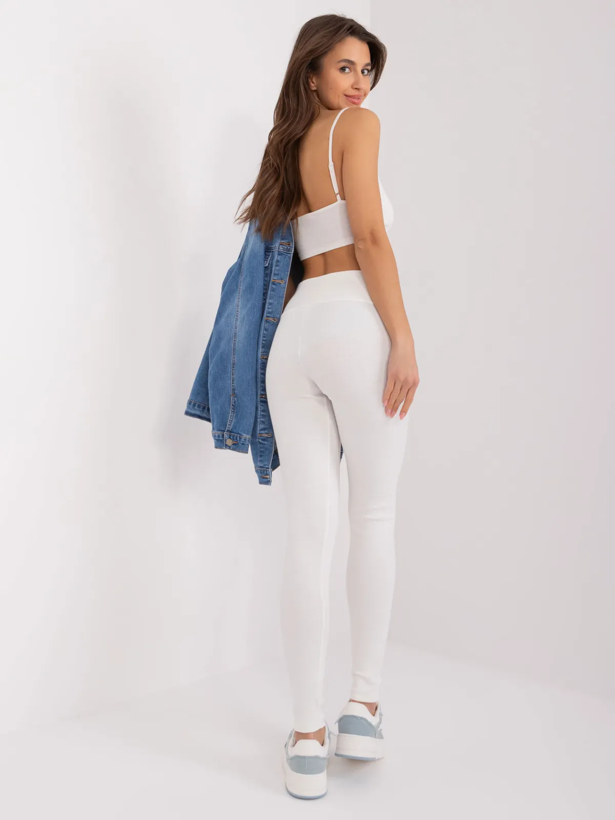 Fluo żółte bawełniane legginsy basic w prążek - zdjęcie 4
