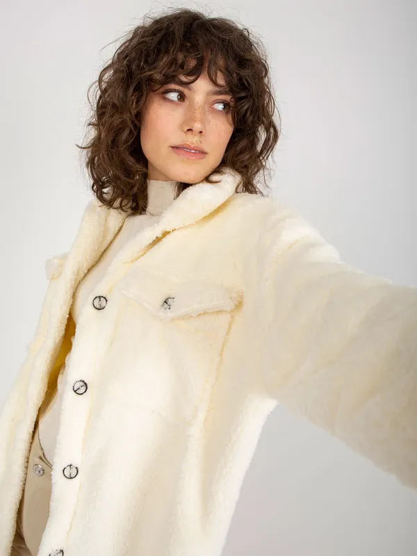 Ecru długa koszula futrzana z kołnierzykiem RUE PARIS - widok 2