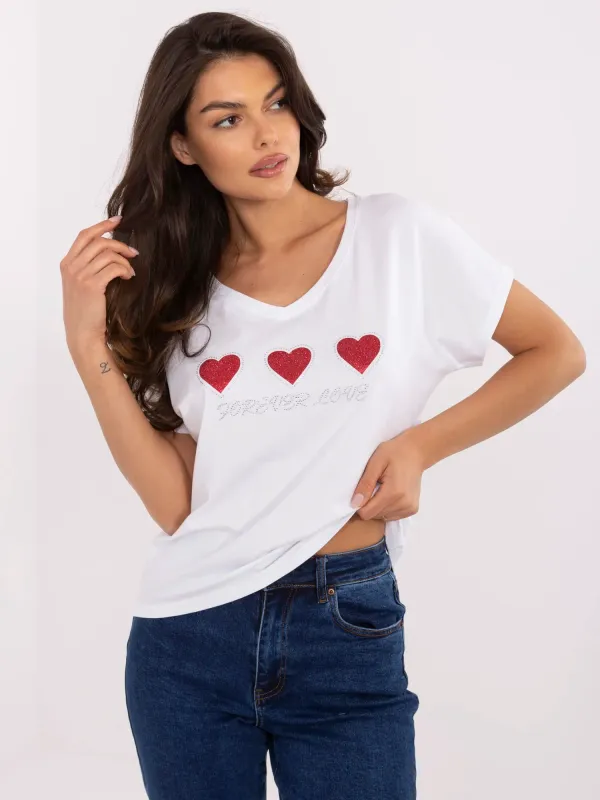 Casualowy t-shirt z ozdobnym nadrukiem i cyrkoniami - widok 2