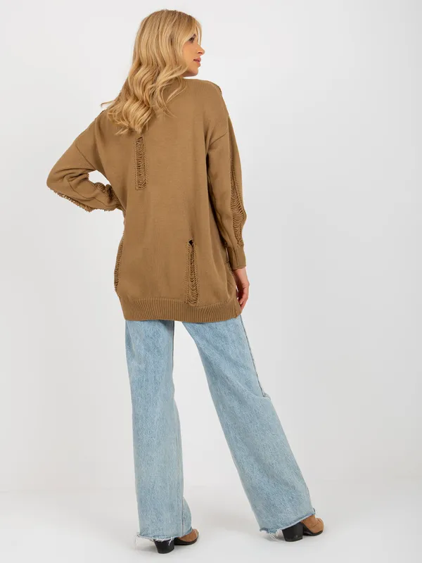 Camelowy sweter rozpinany oversize z dziurami RUE PARIS