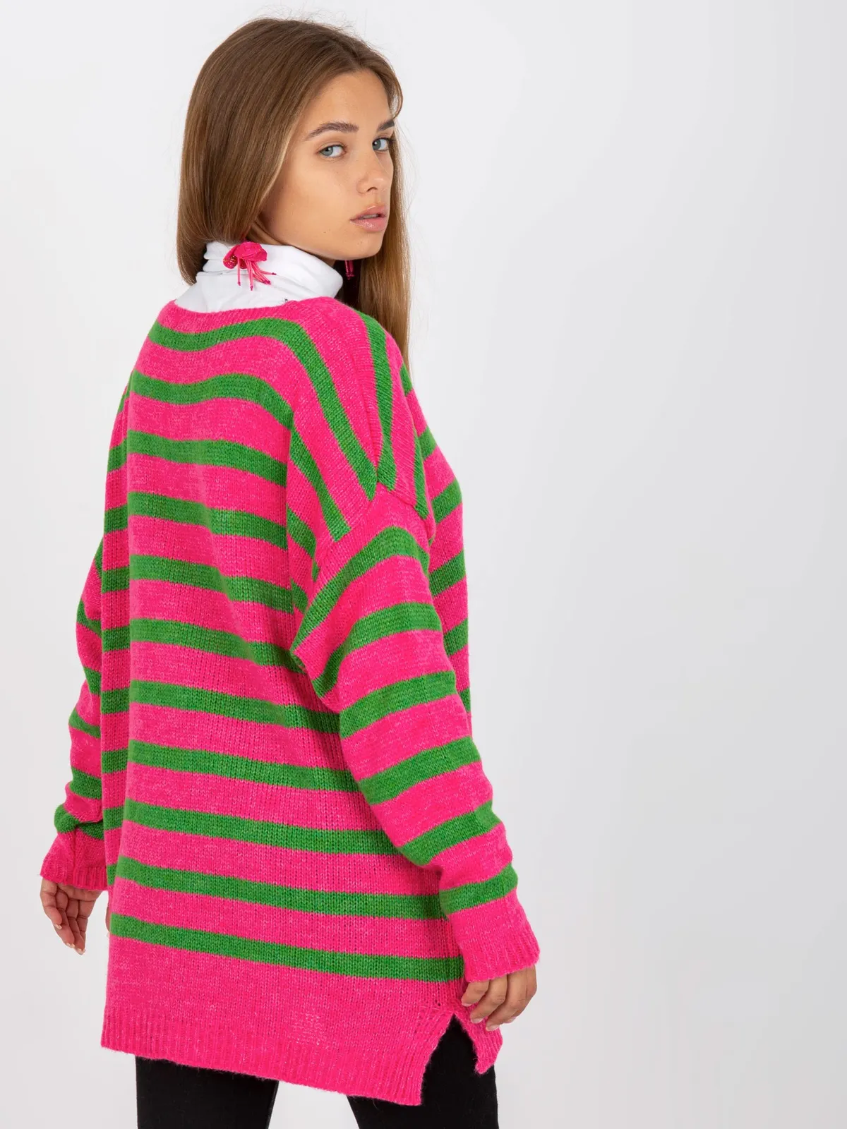 Różowo-zielony sweter oversize w paski OCH BELLA - zdjęcie 4