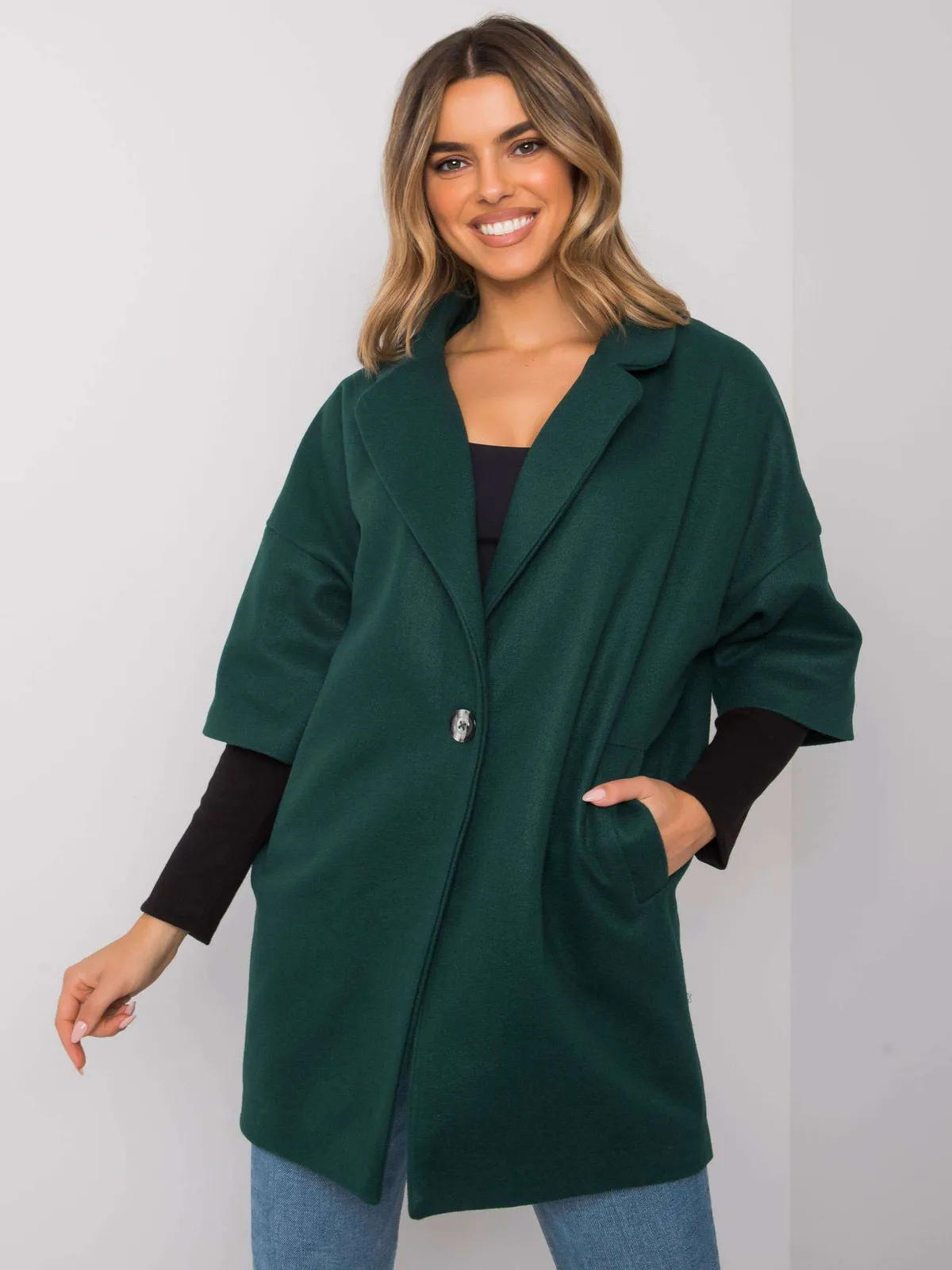 RUE PARIS Ciemnozielony płaszcz oversize - zdjęcie 4