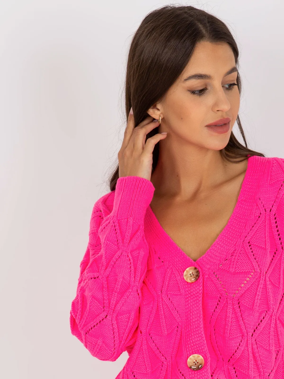 Fluo zielony sweter rozpinany w ażurowy wzór RUE PARIS - zdjęcie 6