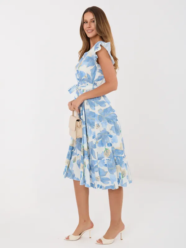 Zwiewna sukienka midi z falbankami przy rękawach