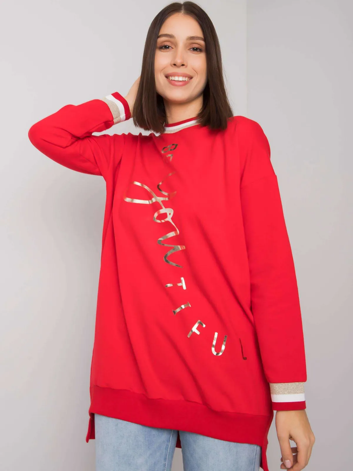 Wydłużona bluza oversize z napisem i ściągaczami - zdjęcie 1