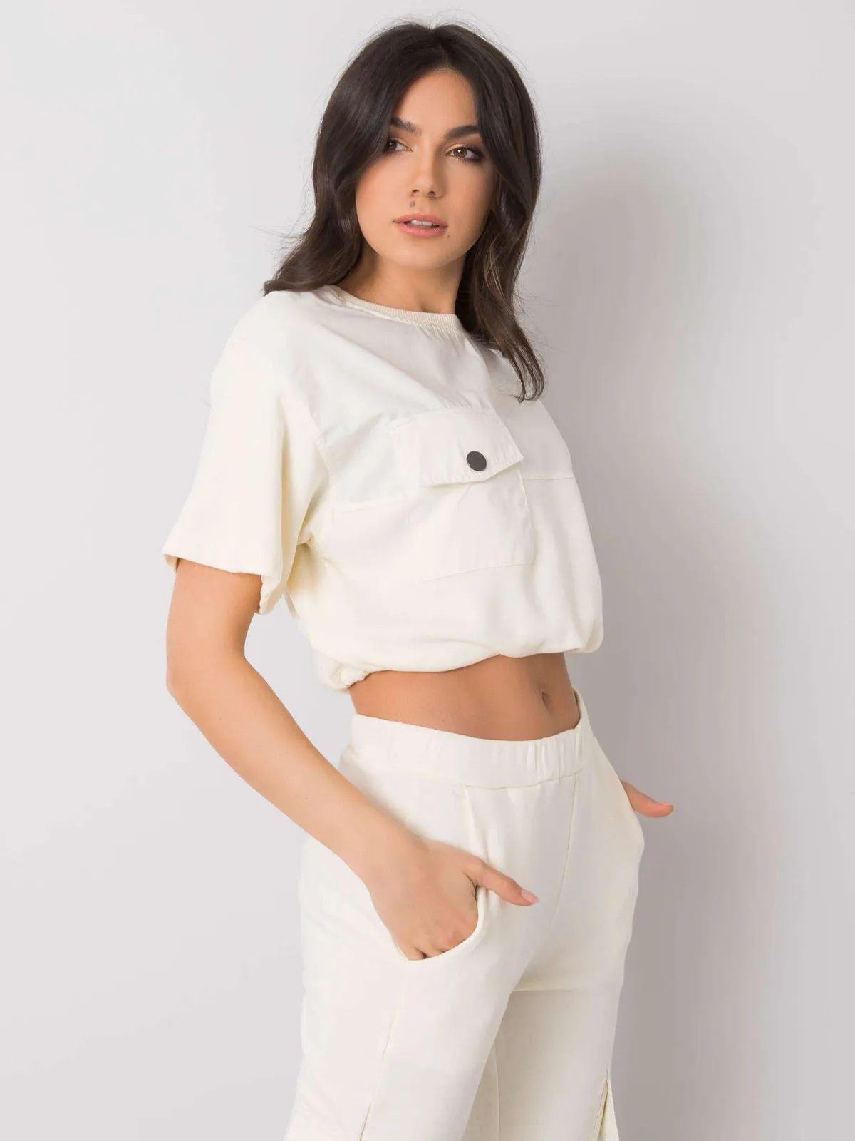 RUE PARIS Ecru krótka bluza damska - zdjęcie 4