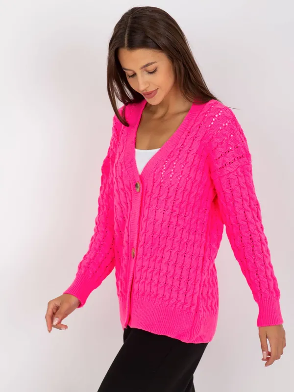Fluo różowy ażurowy sweter rozpinany z guzikami RUE PARIS