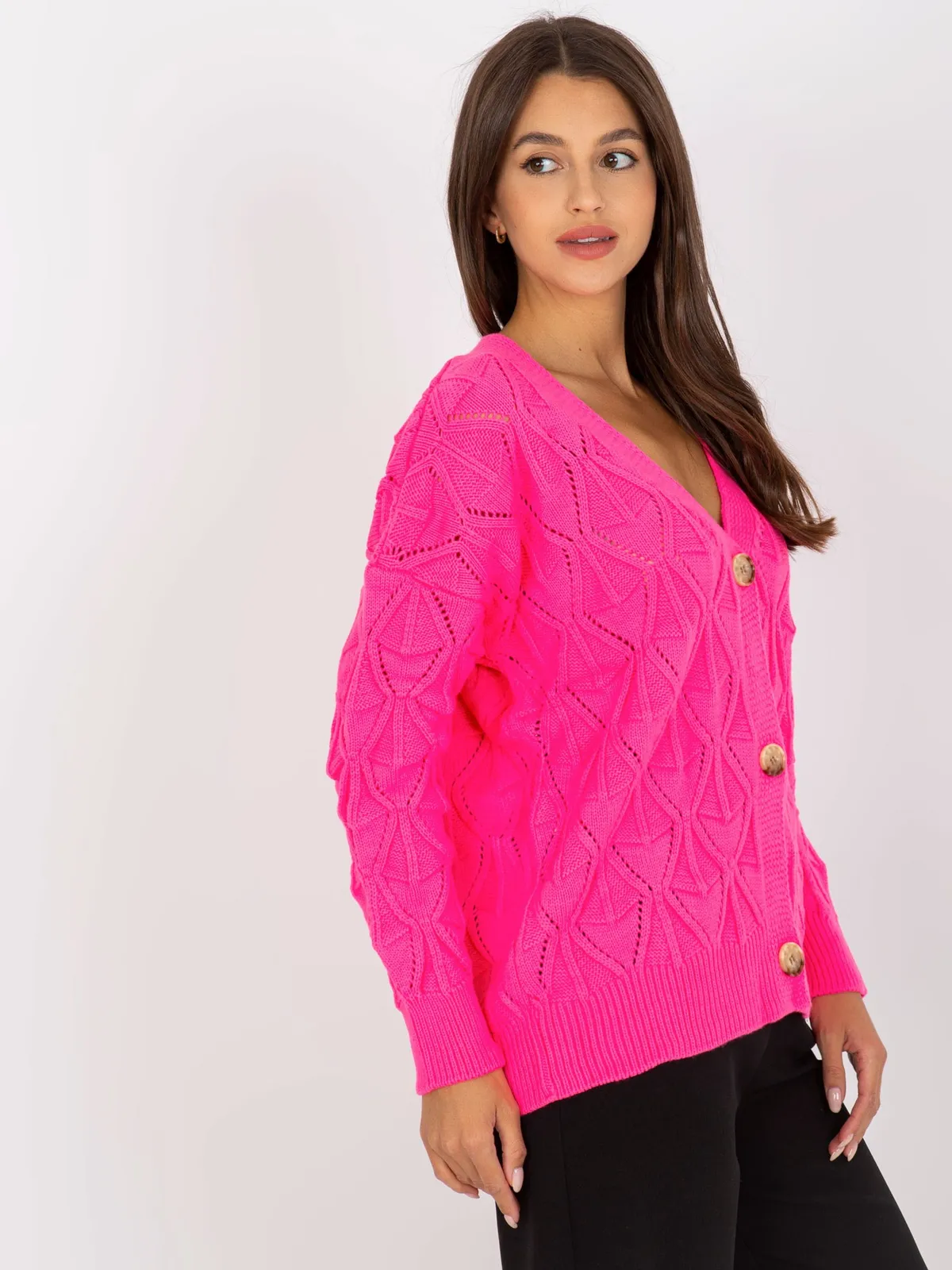 Fluo zielony sweter rozpinany w ażurowy wzór RUE PARIS - zdjęcie 4