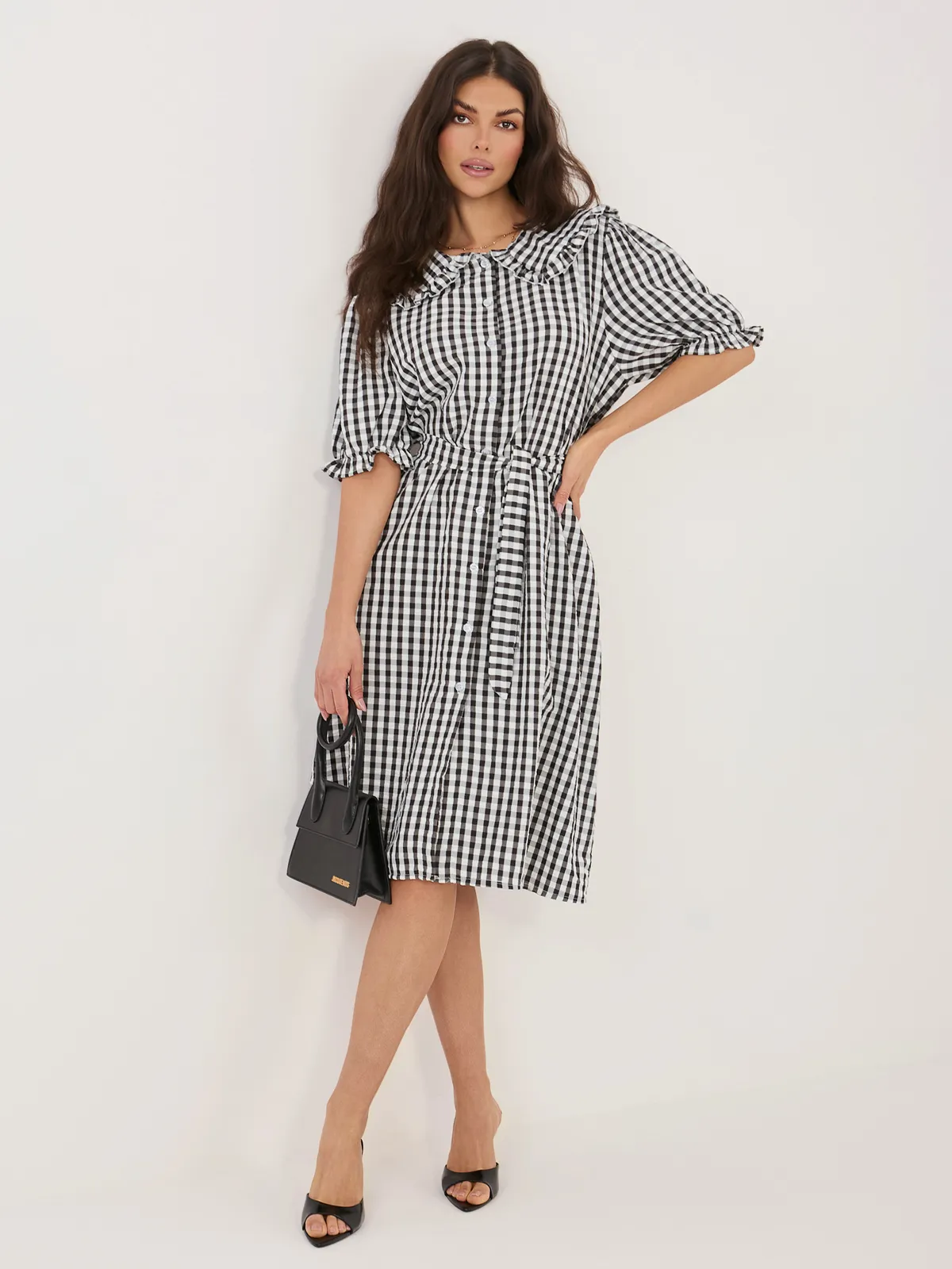 Elegancka sukienka z kołnierzem i wiązaniem w talii - zdjęcie 1