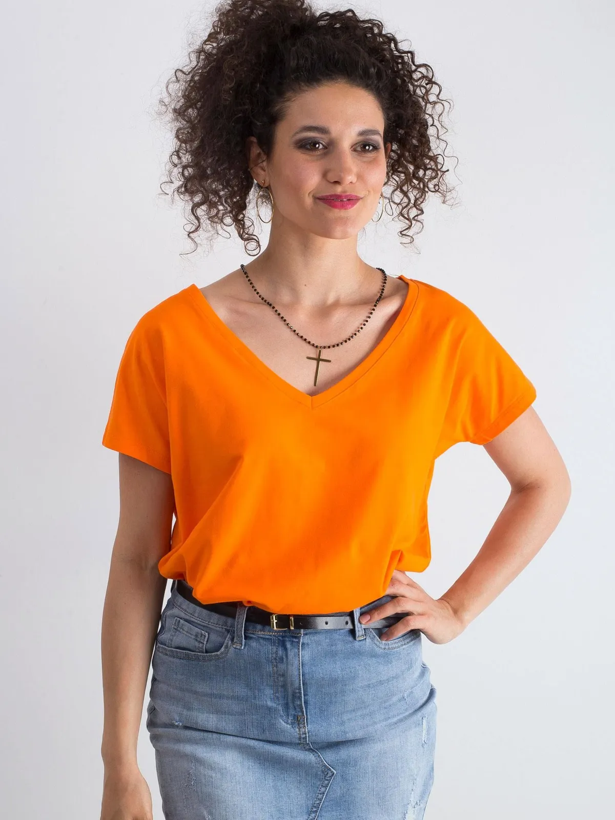 Bawełniany t-shirt V-neck fluo pomarańczowy - zdjęcie 10