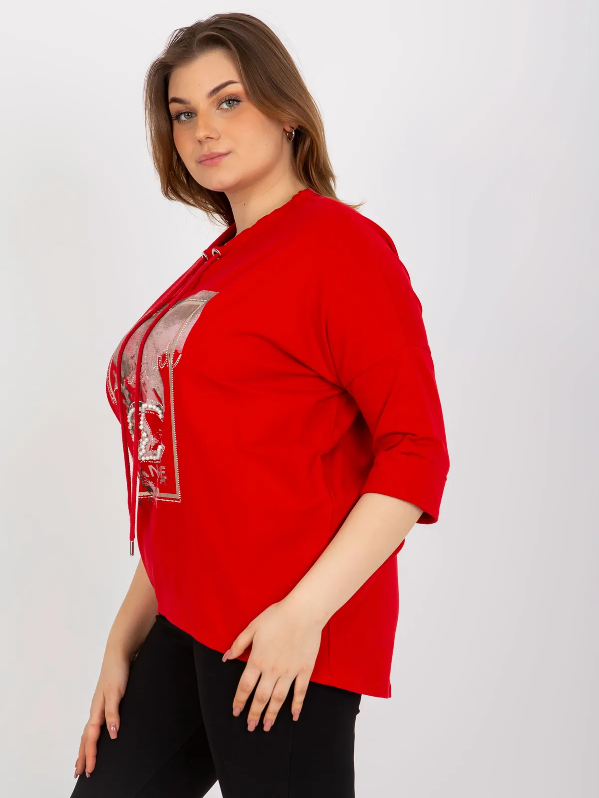 Ciemnoniebieska bluzka plus size z aplikacją - zdjęcie 3
