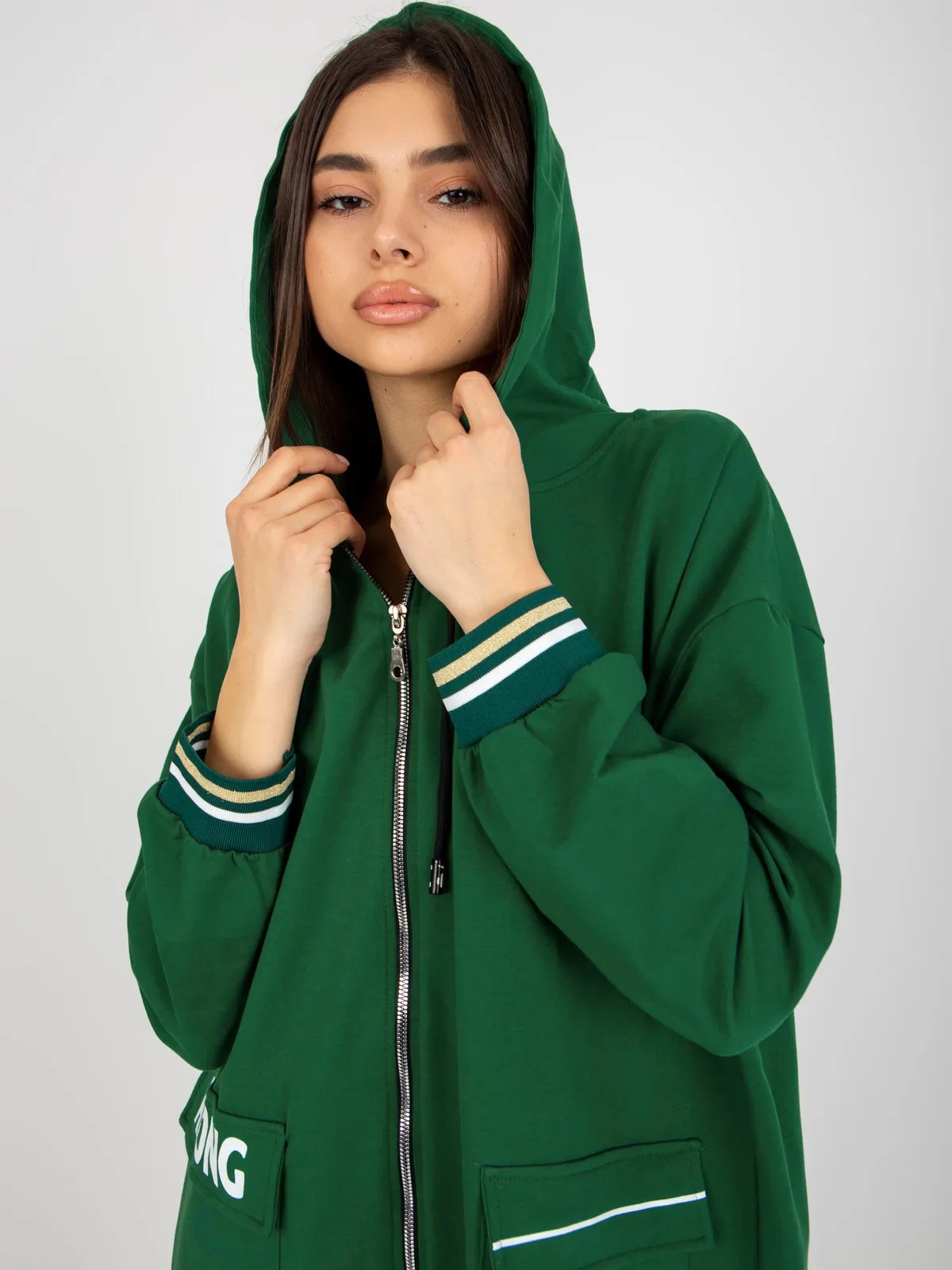 Beżowa długa bluza rozpinana o kroju oversize - zdjęcie 2