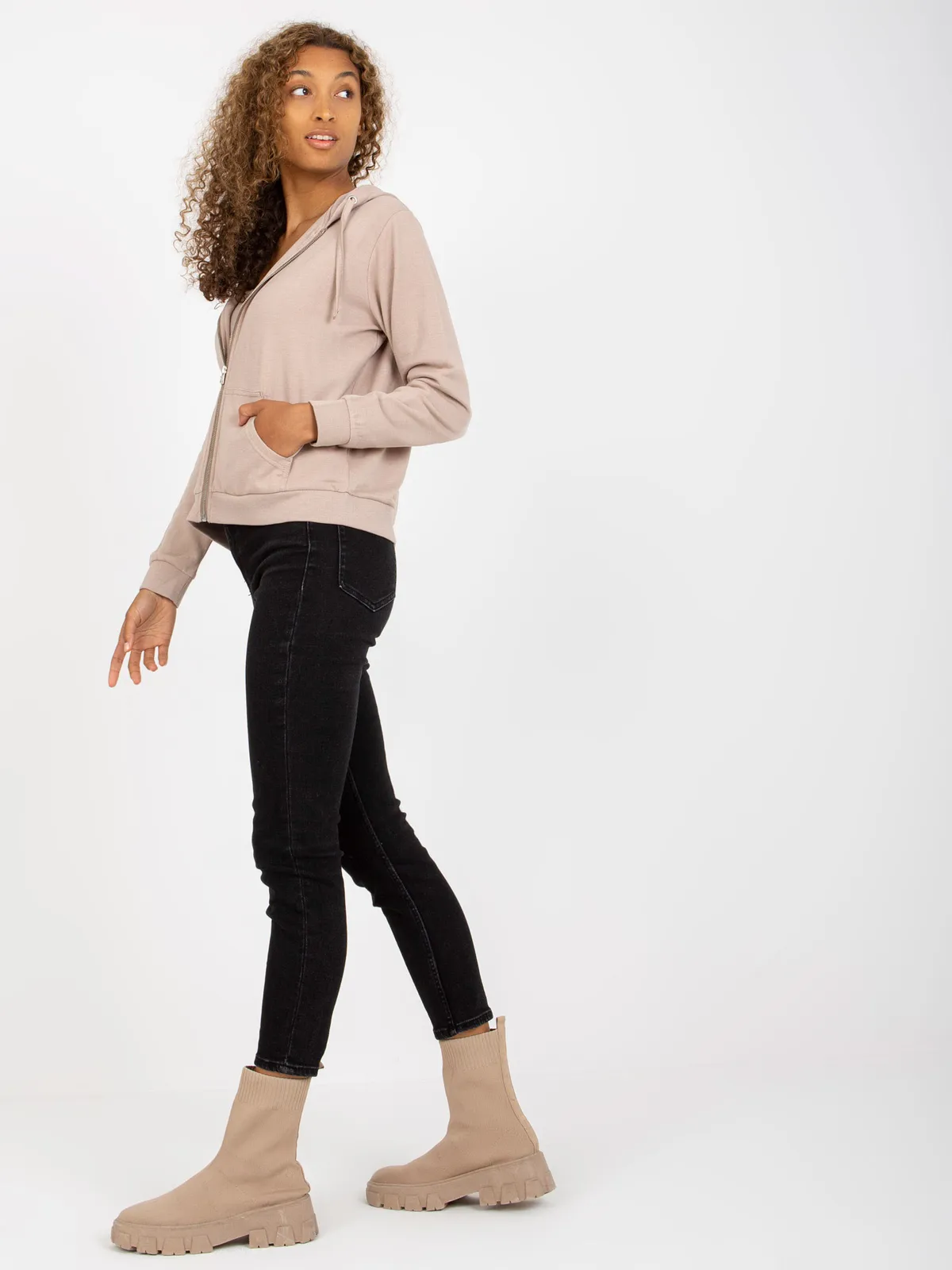 Beżowa rozpinana bluza basic z bawełny - zdjęcie 5