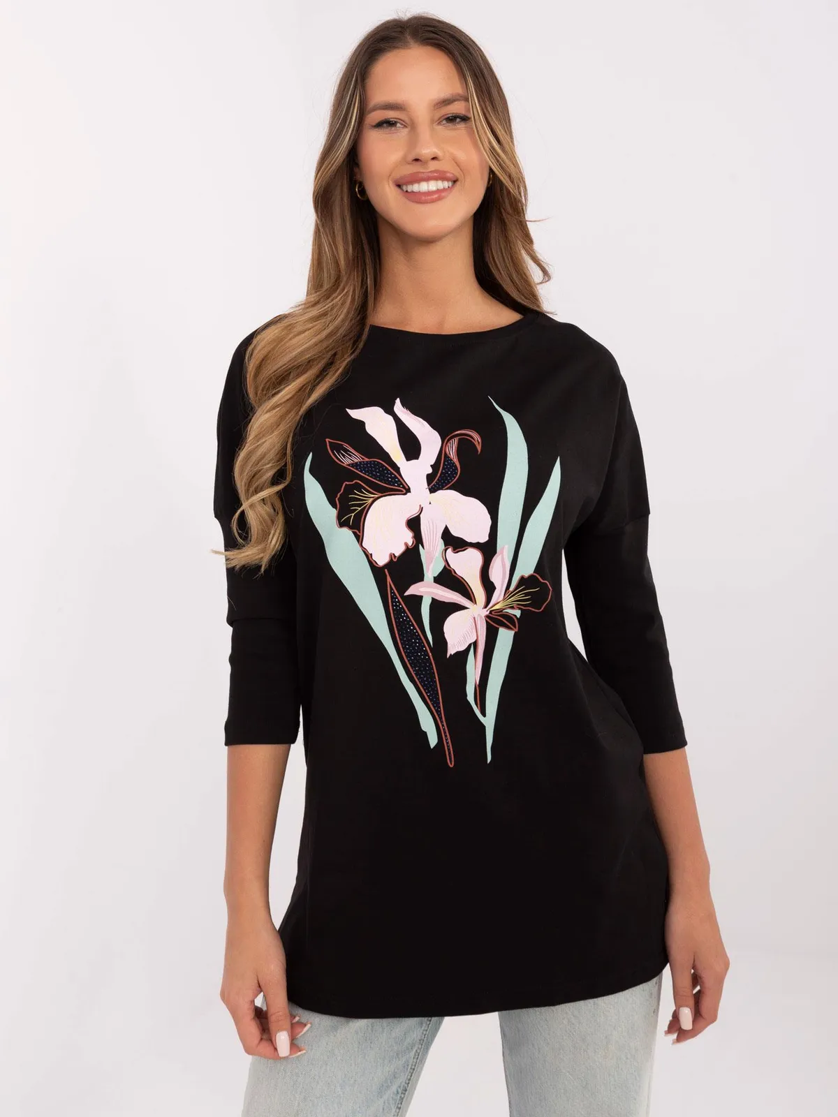 Casualowa bluzka o kroju oversize z grafiką roślinną - zdjęcie 1