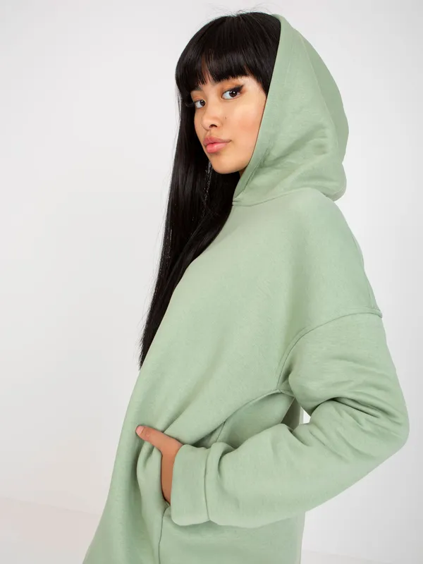 Pistacjowa dresowa bluza basic z kapturem - widok 2