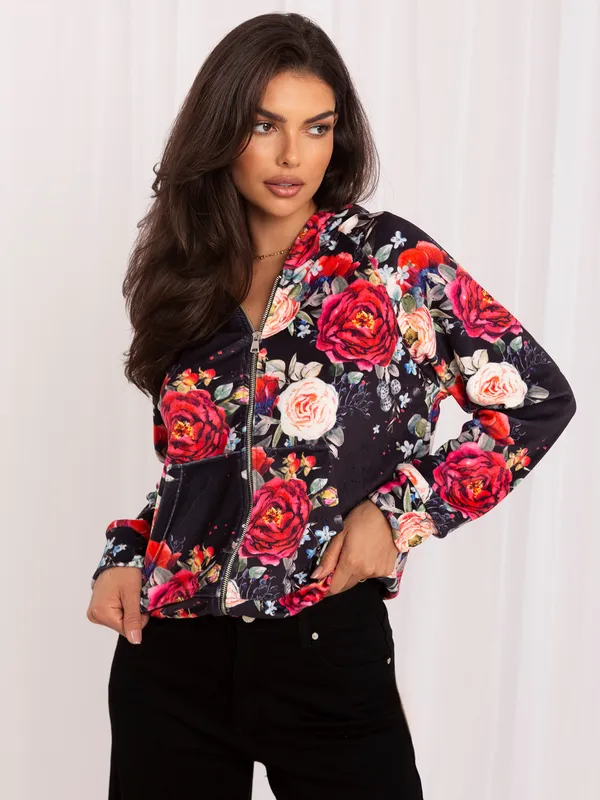 Czarna welurowa bluza rozpinana z printem RUE PARIS - widok 2