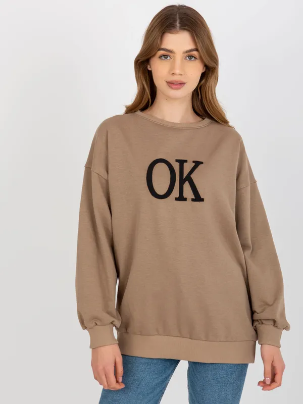 Szara luźna bluza oversize bez kaptura z haftem - widok 2
