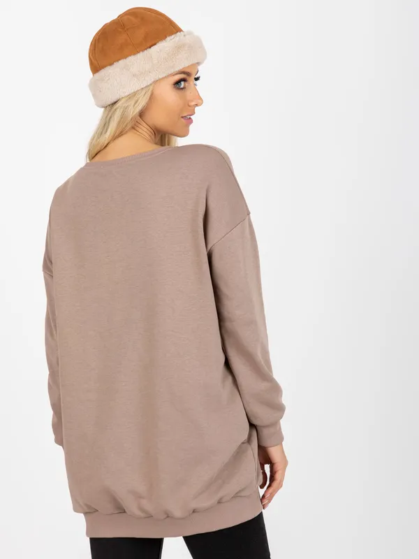 Brudnoróżowa długa bluza basic z okrągłym dekoltem - widok 2