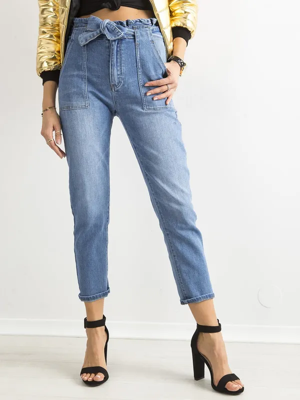 Jeansowe boyfriendy high waist z wiązaniem niebieskie - widok 2