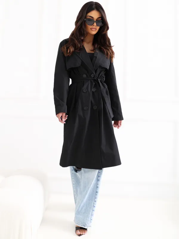 Klasyczny płaszcz dwurzędowy z wiązanym paskiem - widok 2