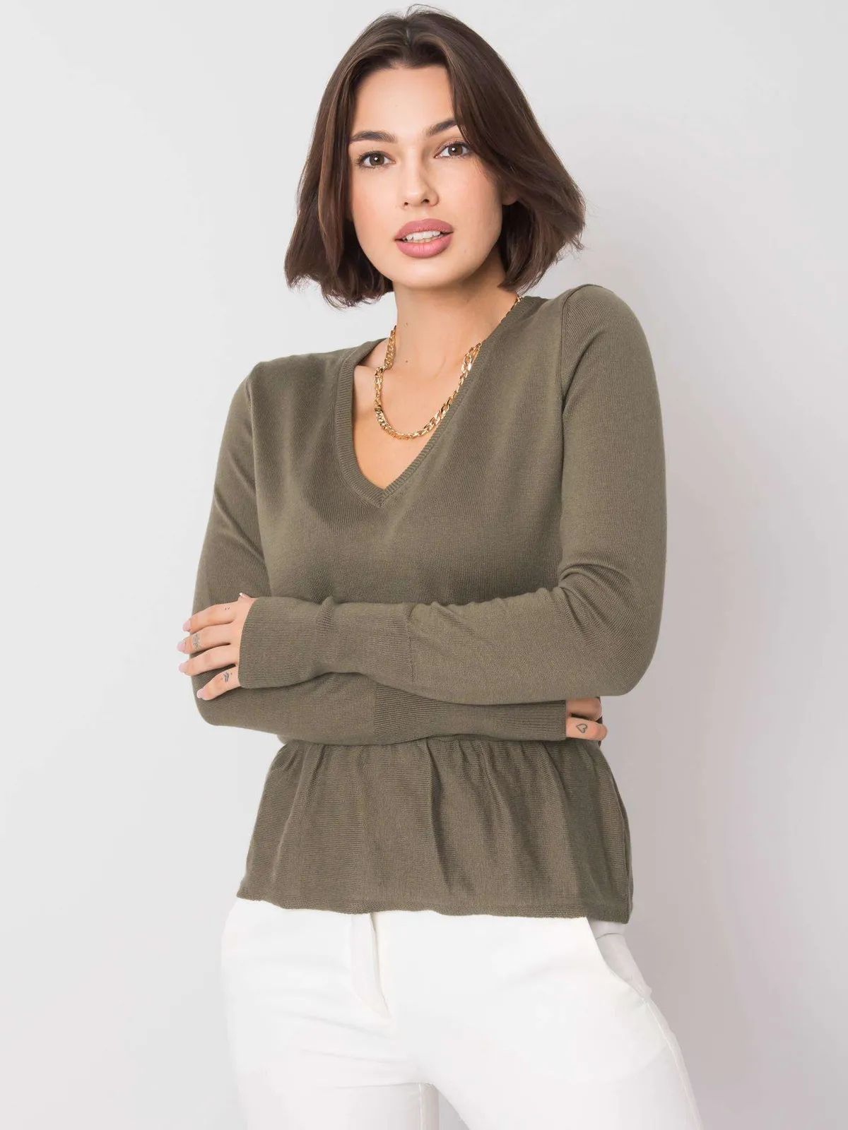 RUE PARIS Khaki sweter z dekoltem V - zdjęcie 4