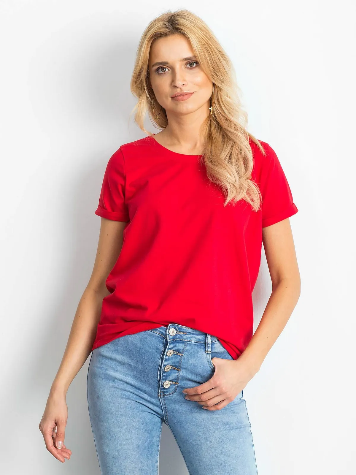 Bawełniany t-shirt damski basic czerwony - zdjęcie 4