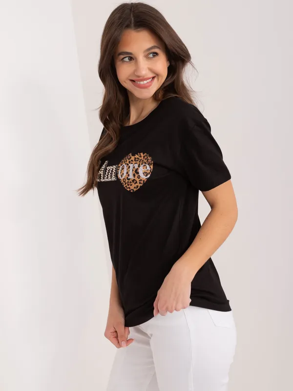 Casualowy T-shirt z ozdobnym napisem i sercem - widok 2