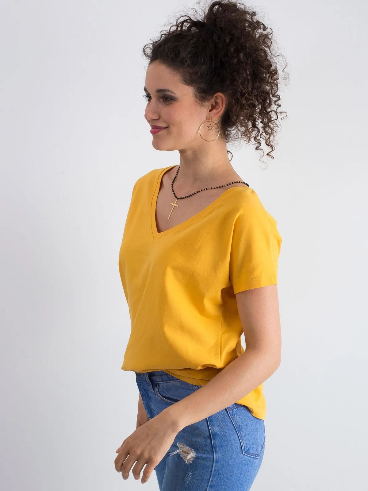 Bawełniany t-shirt V-neck jasnopomarańczowy - zdjęcie 4