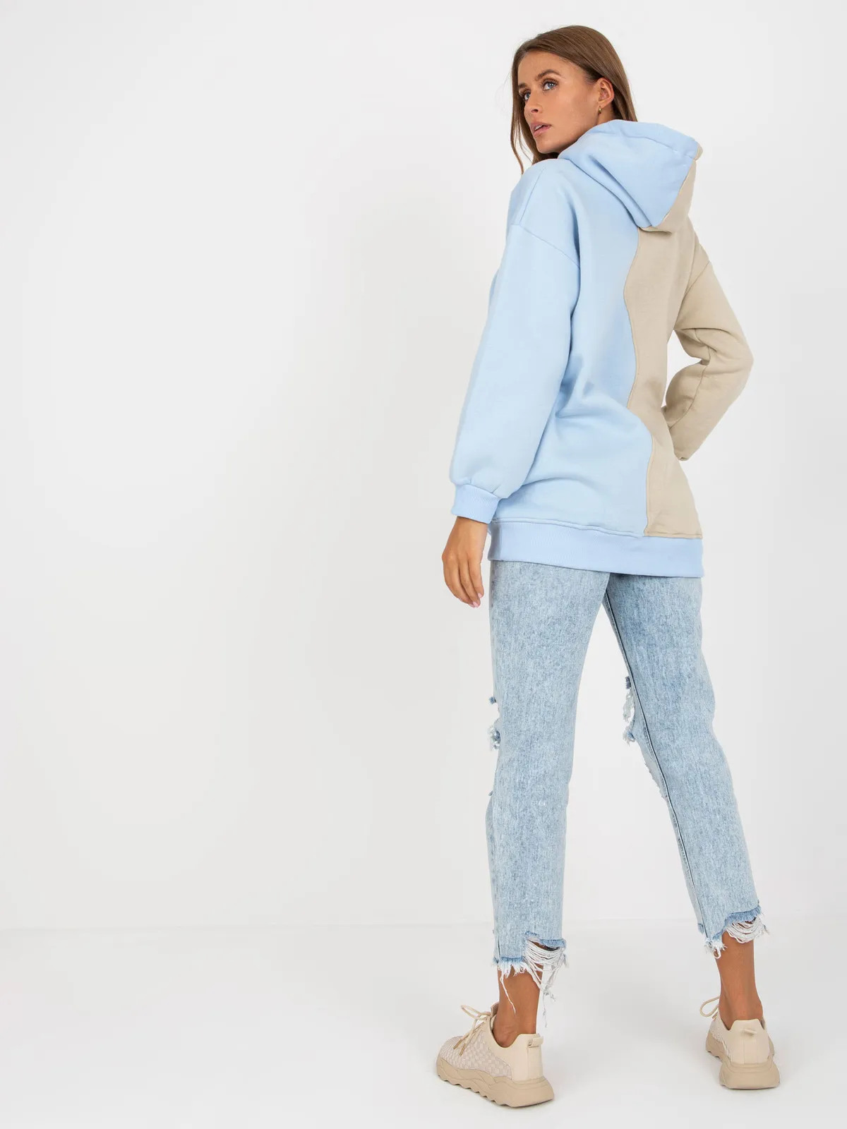 Beżowo-niebieska damska bluza basic z kapturem RUE PARIS - zdjęcie 5