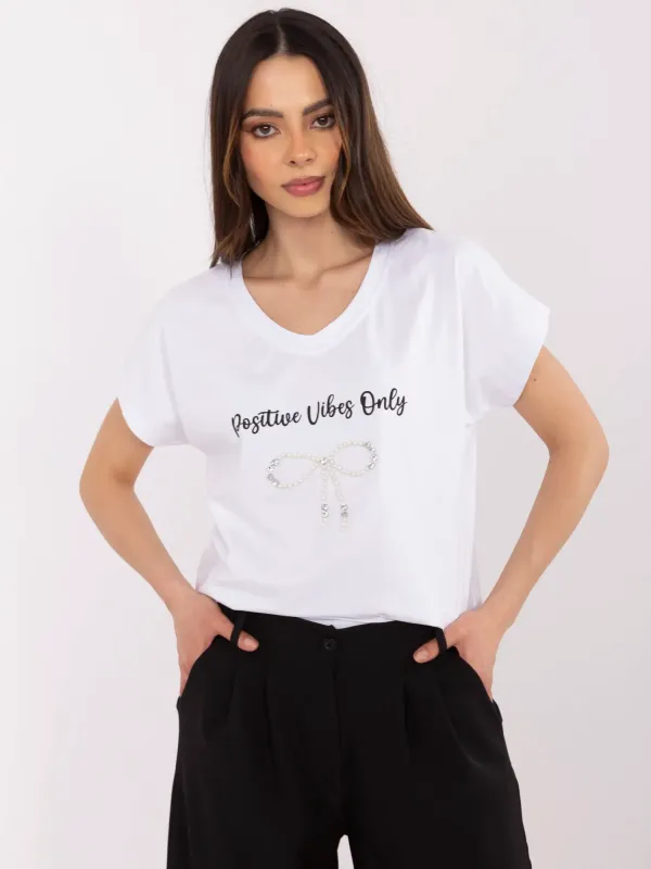 T-shirt z napisem i zdobieniem w kształcie kokardy - widok 2