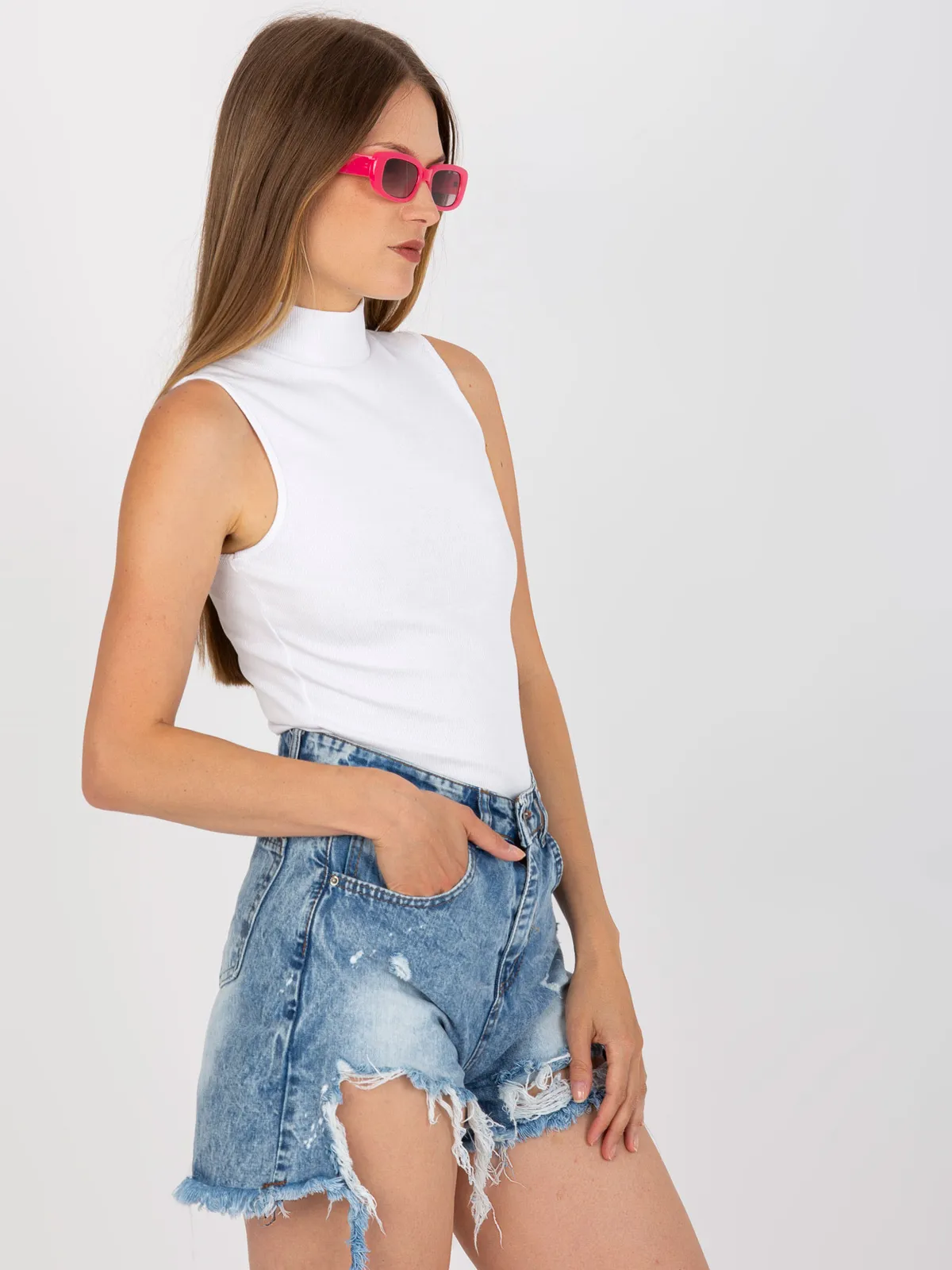 Biały top basic w prążki bez rękawów RUE PARIS - zdjęcie 2