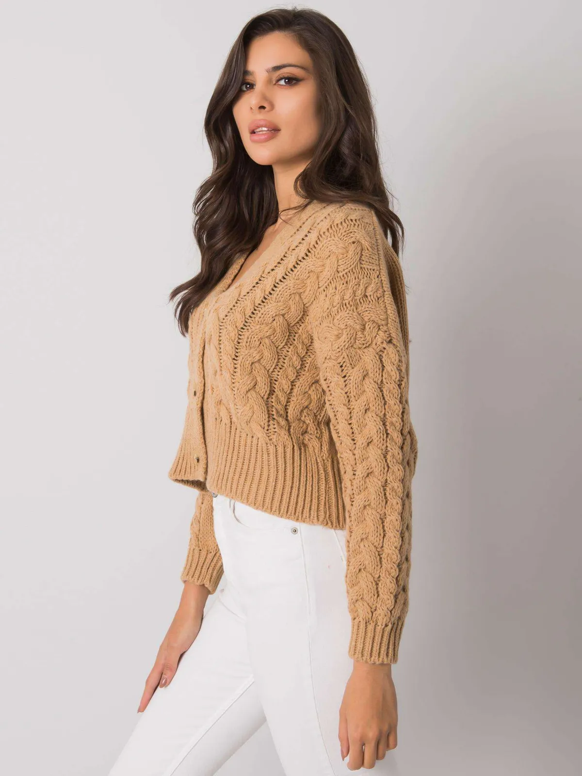 SUBLEVEL Camelowy sweter w warkocze - zdjęcie 4