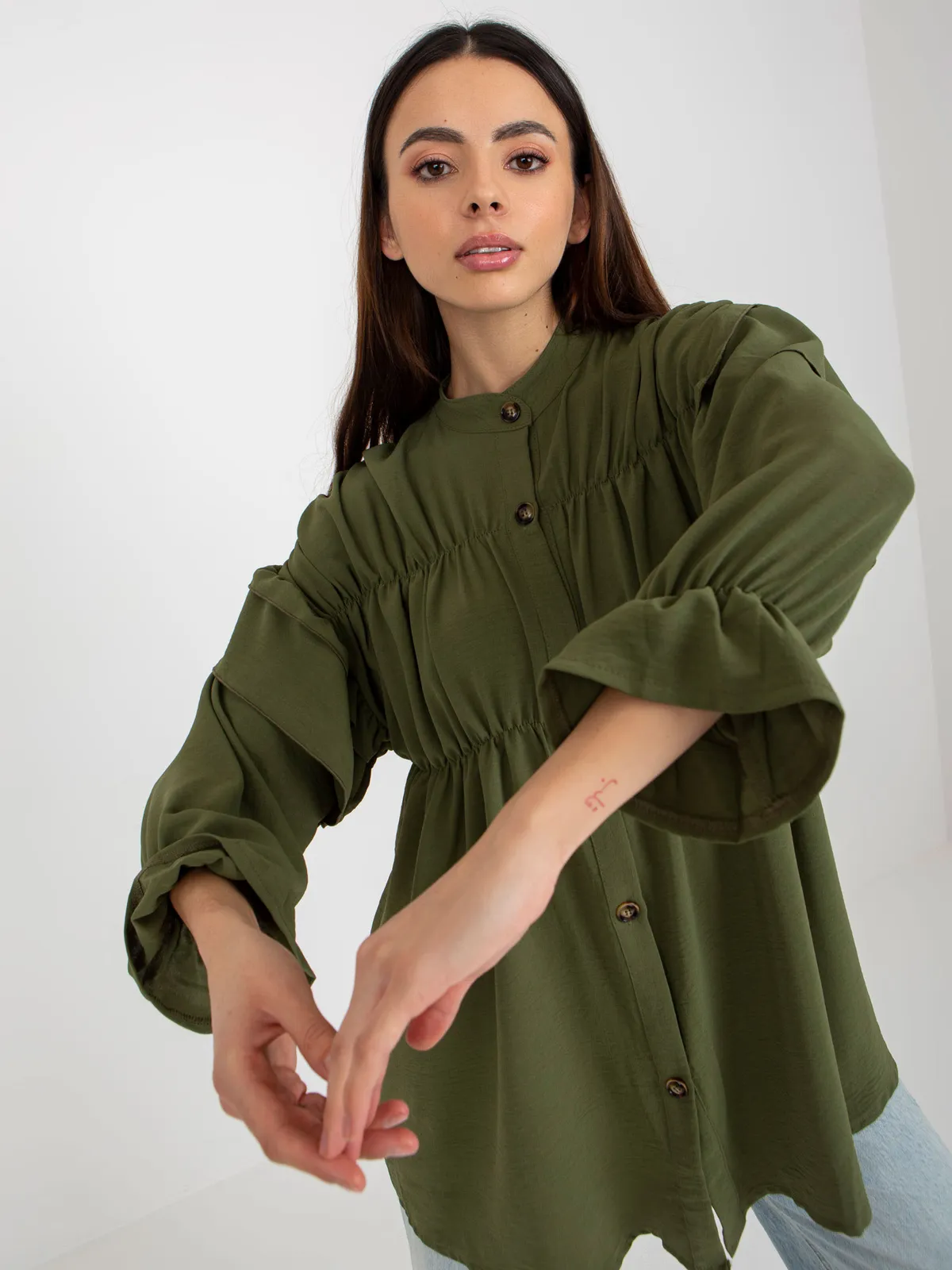 Khaki boho koszula z marzeniem i falbanami OCH BELLA - zdjęcie 3