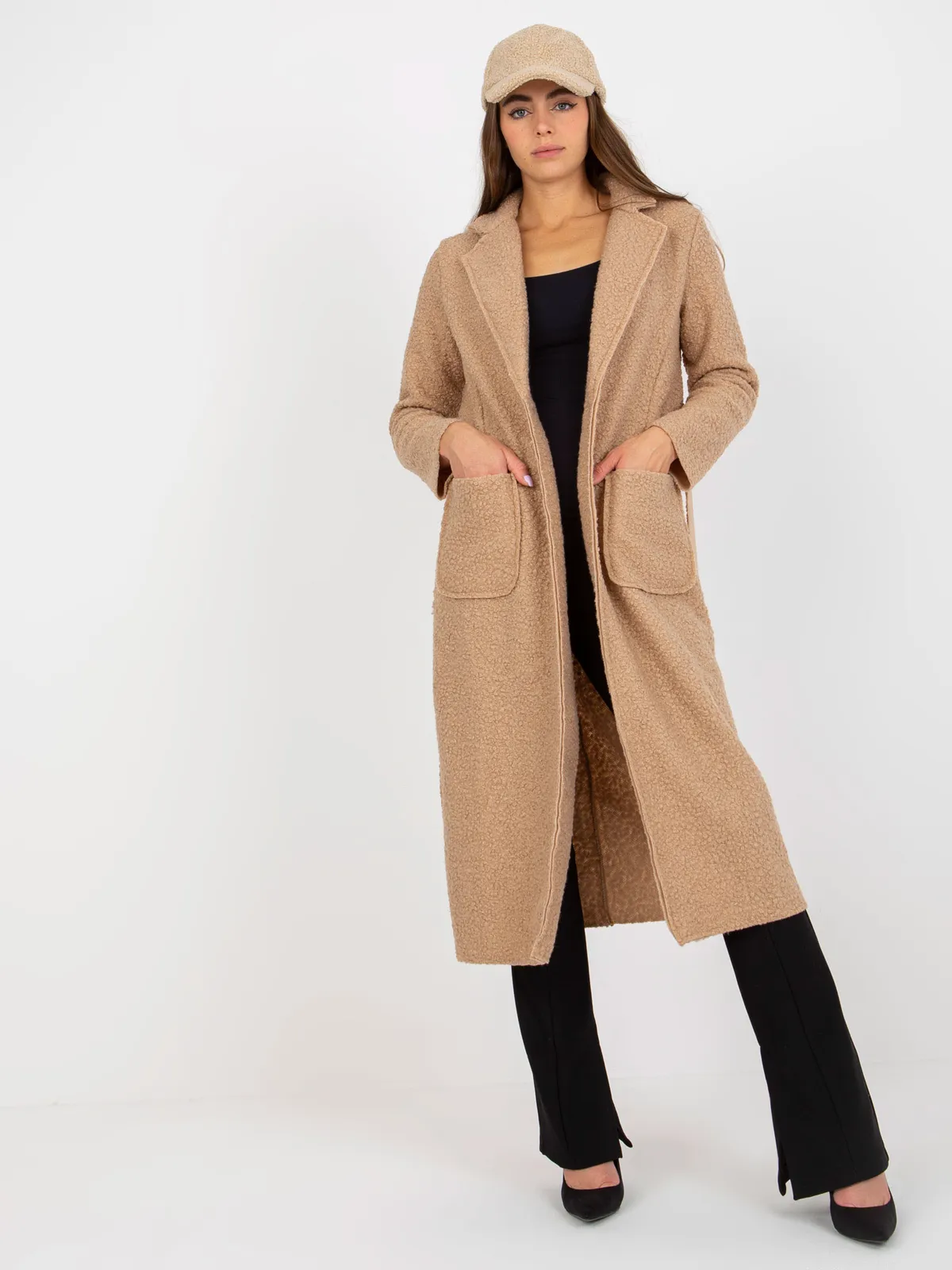 Khaki pluszowy maxi płaszcz z wiązaniem Merve OCH BELLA - zdjęcie 5